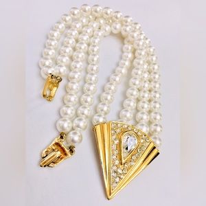 Vintage Multi Strand Faux Pearl Art Deco Gold Rhinestone Necklace